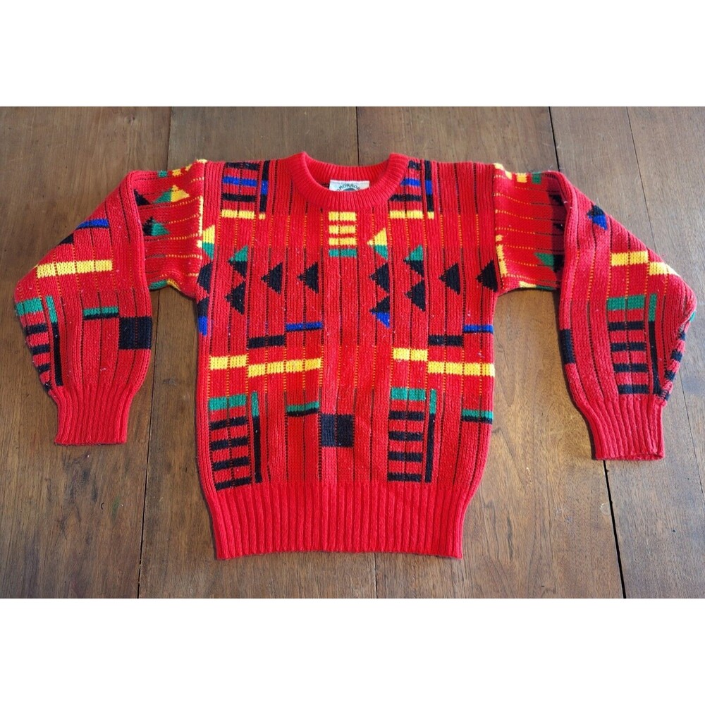 Tomorrow's Generation Sweater Boys Small (8-10) Red w/Primary Colorblock Shapes